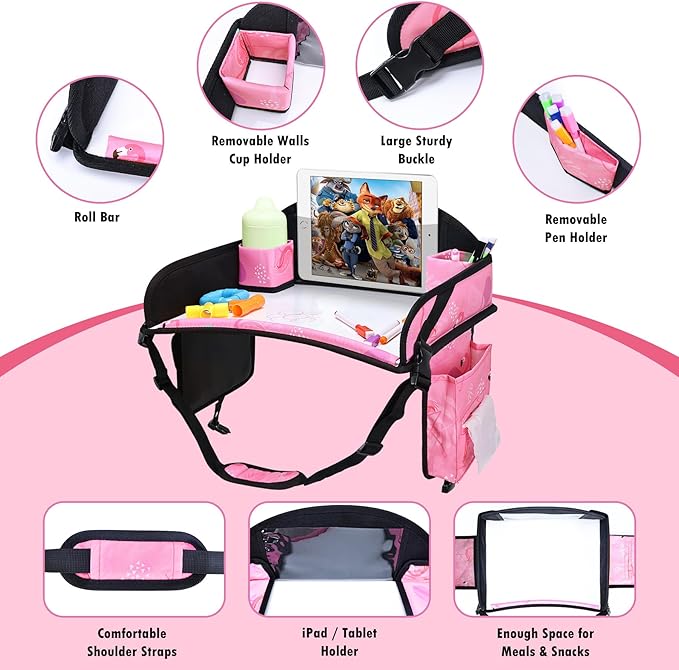 2PCS Kids Travel Tray, Car Seat Tray for kids Travel, Toddler Road Trip Essentials With Drawing Kit, Toddler Lap Desk Organizer for Car, Carseat Table for Airplane