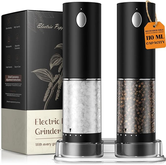 Electric Salt and Pepper Grinder Set, Rechargeable Automatic Salt and Pepper Shaker with 6 Adjustable Coarseness, Large-Capacity Pepper Mill Kitchen Appliances Gifts for Women(Black）