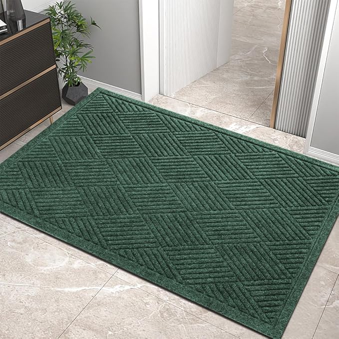 Sturdy Front Door Mat, Absorbent Muddy Dirt Resist Welcome Door Mats Outdoor Indoor, Stain and Fade Resistant, Non-Slip Rubber Backing Low Profile Doormat for Entryway, 36×24, Green
