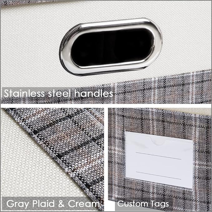 PRANDOM Collapsible Storage Bin with Lid [3-Pack] Fabric Foldable Storage Box Organizer Container Basket Cube with Cover for Home Bedroom Closet Office Nursery Gray Plaid & Cream (14.9x9.8x9.8)