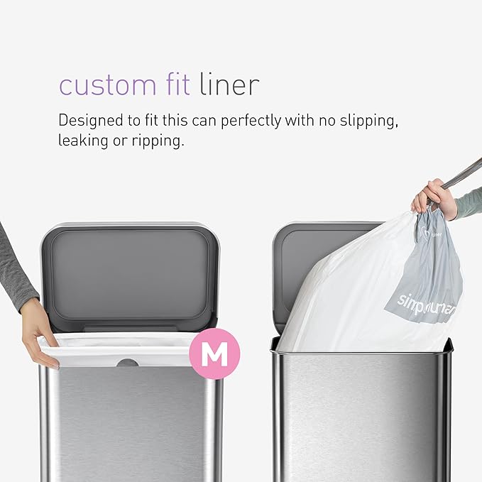 simplehuman Code M, Dispenser Pack Custom Fit Liners, Drawstring Trash Bags, 45 Liter / 11.9 Gallon, White, 200 Count (Pack of 2)