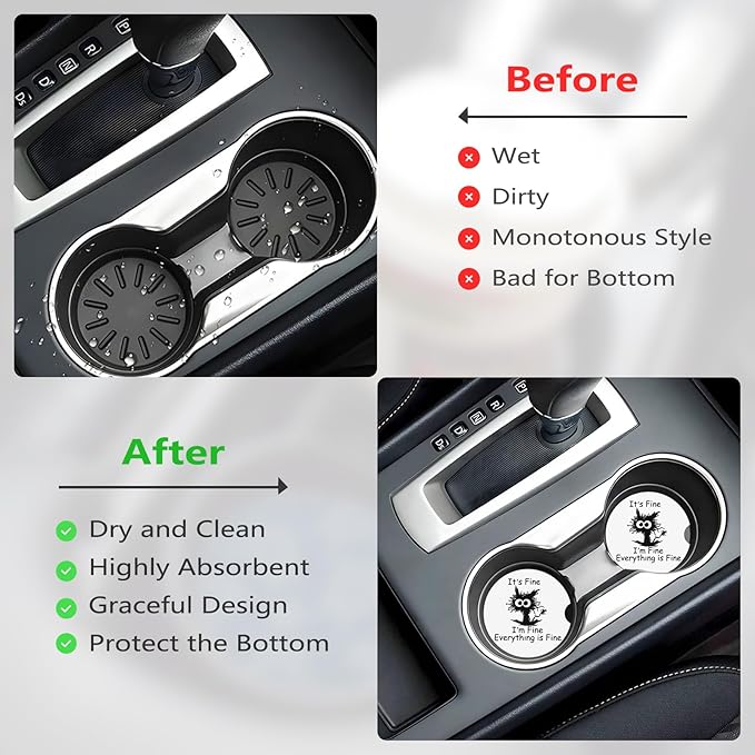 Car Cup Holder Coasters, 2 Pcs Ceramic Coasters with Cork Back and Finger Slot, Anti-Slip Shock Absorbing Women and Men Universal Car Accessories - Fine Cat