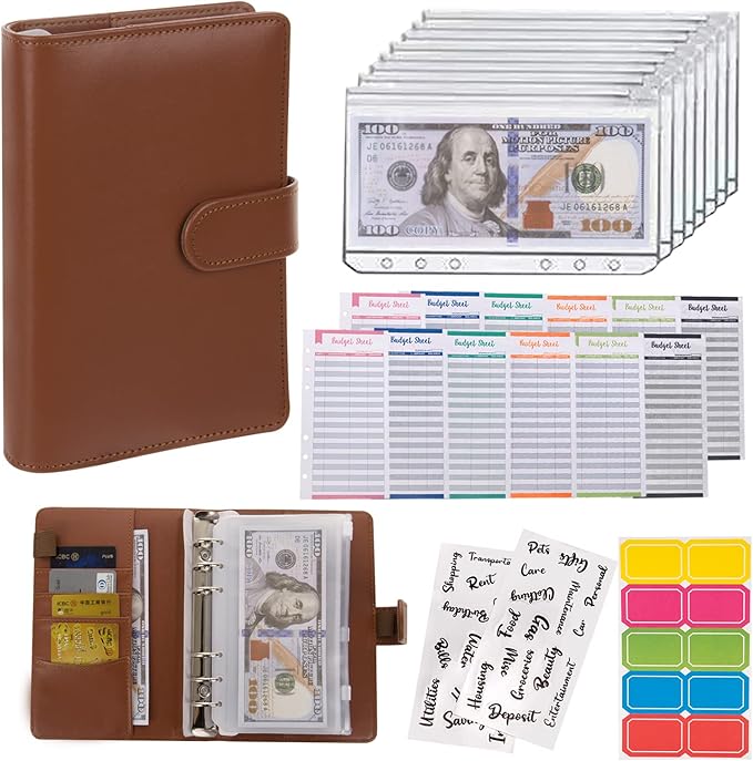 NICOOTHBudget Binder Cash Envelopes A6 Money Saving Binder with Zipper envelopes (Brown)
