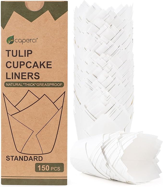 Caperci White Parchment Paper Tulip Cupcake Muffin Liners - European Non-stick Paper Baking Cups Cupacke Wrappers for Party, Wedding, Christmas, Birthday (150pcs)