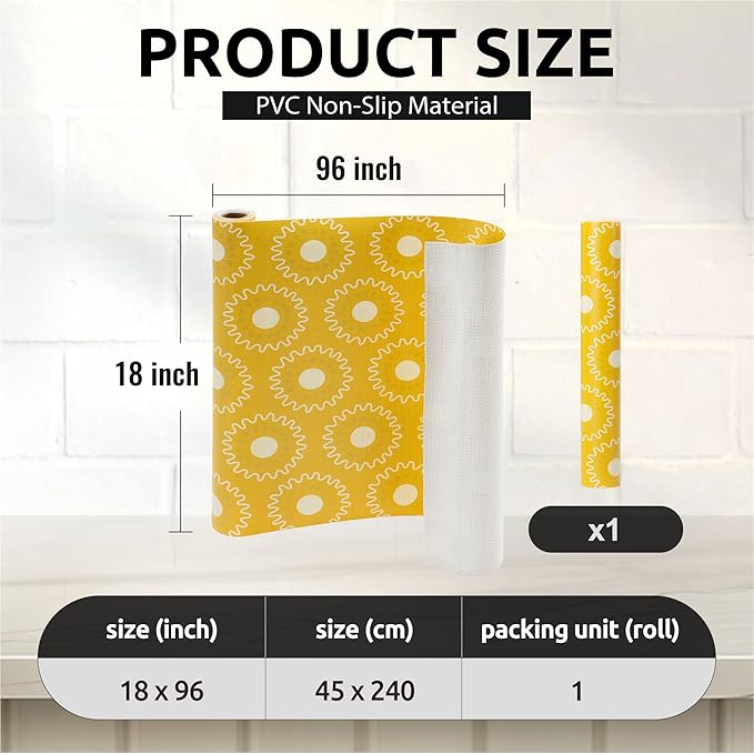FIFTY FEET 18X96 Inch Shelf Liner for Kitchen Cabinets, PVC Drawer Liner for Dresser Non-Slip Bathroom, Non-Adhesive Cabinet Liner Washable (Yellow Circle)(1 Roll)