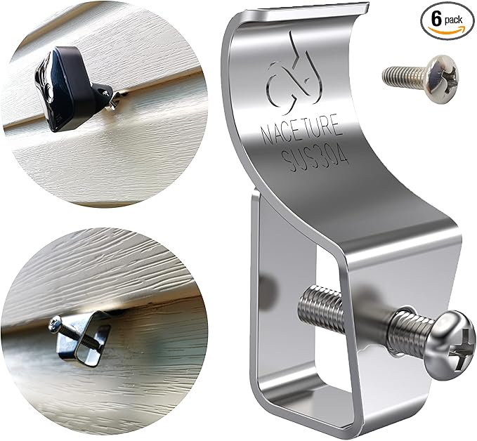 NACETURE Vinyl Siding Hooks - Vinyl Siding Clips for Hanging Outdoor Decorations for Patio for Mount Home Security Camera Porch Décor (Sliver 6 Pack)