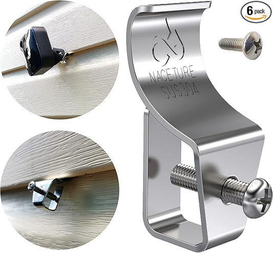 NACETURE Vinyl Siding Hooks - Vinyl Siding Clips for Hanging Outdoor Decorations for Patio for Mount Home Security Camera Porch Décor (Silver 6 Pack)