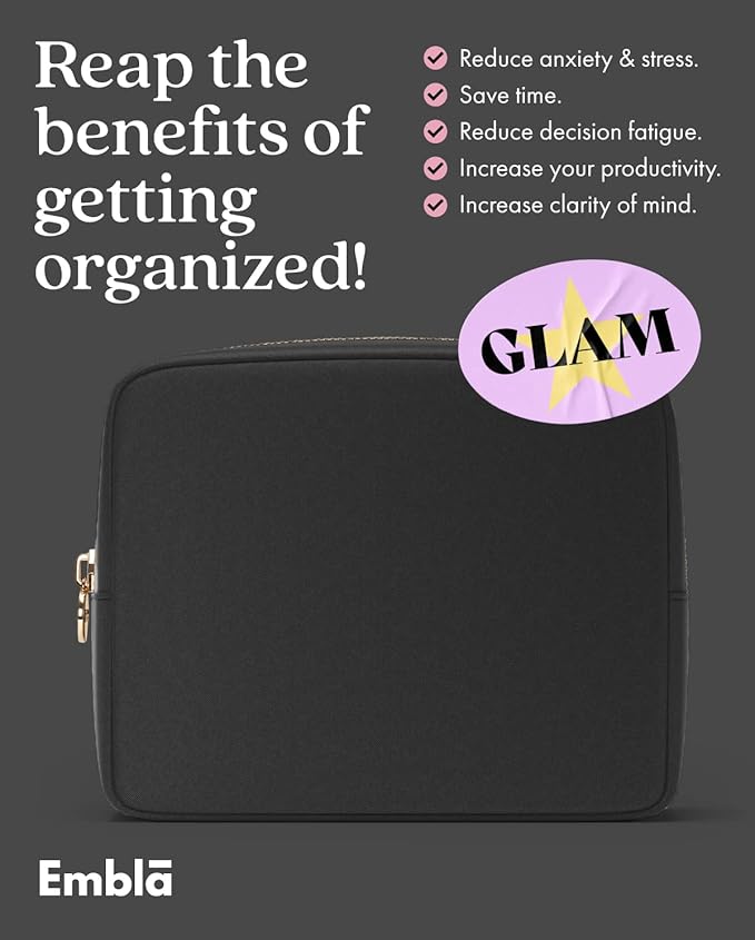 Embla Makeup Bag Travel Cosmetics Pouch and Toiletry Bag, Nylon Zipper Pouch Purse, Cute Make Up Organizer Storage Tote for Women Girls, Waterproof Travel Skincare Case, Large Makeup Bags, Black