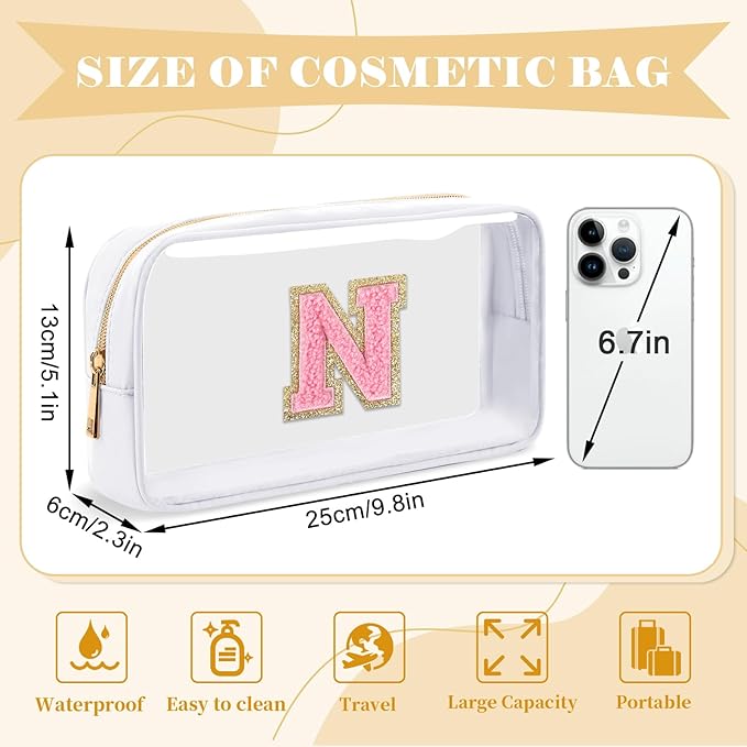 Personalized Initial Letter Clear Makeup Bag, Preppy Small Nylon & PVC Cosmetic Zipper Bag with Chenille Letter, Travel Skincare Toiletry Bag, Monogram Christmas Gift for Teen Girls Women, N