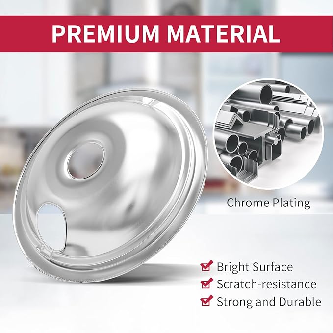 4-Piece Drip Pans Set - Compatible with GE Stoves - Chrome Finish Electric Stove Burner Drip Pans - 3 x 6inch, 1 x 8inch Stove Drip Pans - GE Stove Drip
