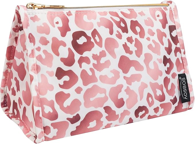 Aosbos Premium Small Makeup Bag, Compact Cosmetic Pouch, Travel-Size Make UP Case for Women, Leopard, Pink