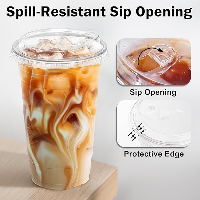 BYSNOW 50 Pack 24 oz Clear Plastic Cups with Lids, Disposable Iced Coffee Cups with Sip Lids, Sturdy Plastic Smoothie Cups for Cold Drinks