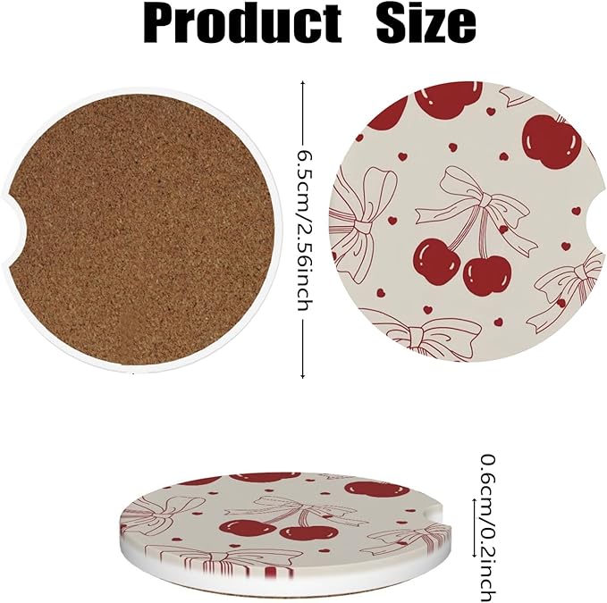 Car Cup Holder Coasters, 2 Pcs Ceramic Coasters with Cork Back and Finger Slot, Anti-Slip Shock Absorbing Women and Men Universal Car Accessories - Vintage Cherry