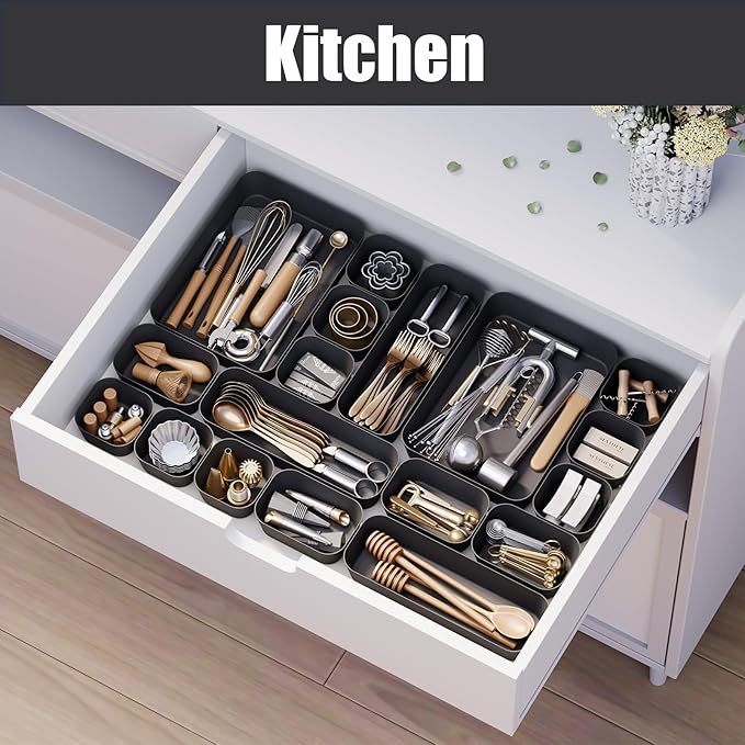 Homhut Plastic Drawer Organizers, 28 PCS Drawer Organizer Bins, Bathroom and Vanity Organizer Plastic Tray, Makeup organizer and storage for Makeup, Bedroom, Kitchen Gadgets Utensils and Office
