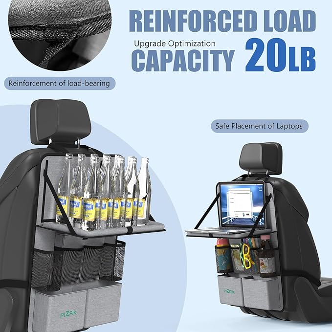 Car Backseat Organizer with Tablet Holder, 11 Storage Pockets with Foldable Food Tray, Protector Kick Mats for Kids, Travel Accessories Organizer (Gray, 2-Pack with Food Tray)