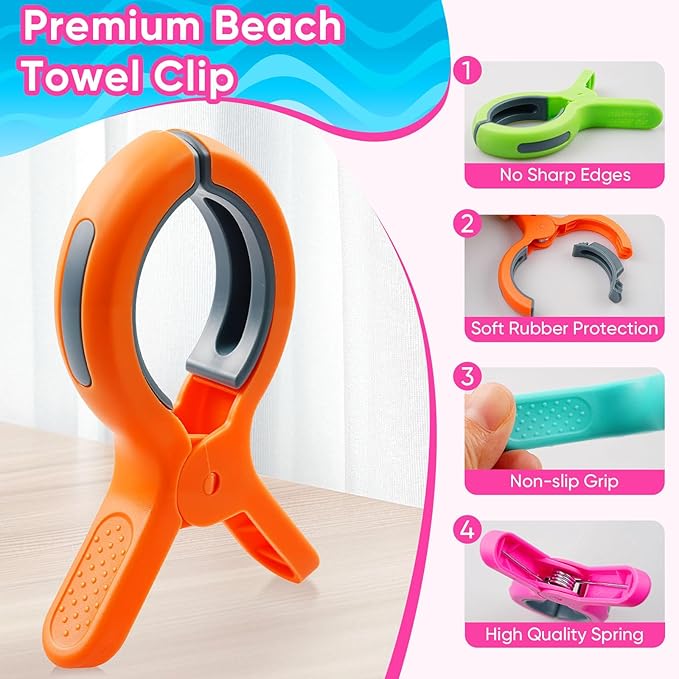 16 Pack Large Beach Towel Clips for Beach Chairs, Towel Holder for Pool Lounge Chair Cruise Essentials, Jumbo Size Clothes Pins Vacation Must Have to Keep Towel from Blowing Away, 4 Bright Colors