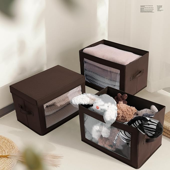 Foldable Storage Boxes with Clear Window - Clothes Organizers and Decorative Bins with Lid, Fabric Storage Cube, Baskets for Shelves, Yarn, Home, Brown, 3 Pack