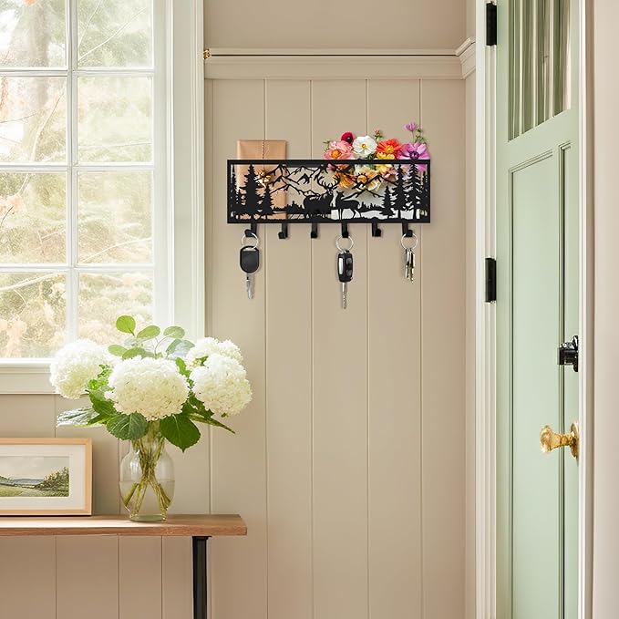 Deer Metal Wall Mail Organizer Wall Mounted Key and Mail Holder Mail Basket Hanging Mail Sorter and Key Organizer for Entryway Bedroom Bathroom Kitchen