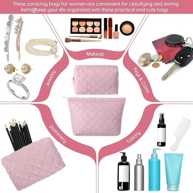 2 Pcs Pencil Case Quilted Makeup Bag Aesthetic Cosmetic Pouch for Women Puffer Travel Toiletry Bag Set Cotton Small Purse Pouch Makeup Organizer with Zipper(Pink)