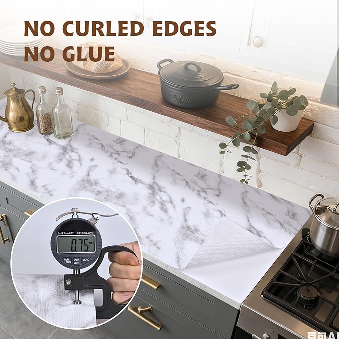 Shelf Liners for Kitchen Cabinets 12in x 30FT, Non Adhesive Drawer Liner Marble Pattern Thickened Shelf Liner Non-Slip Easy to Clean for Tool Box Refrigerator with Knife and Tape Measure