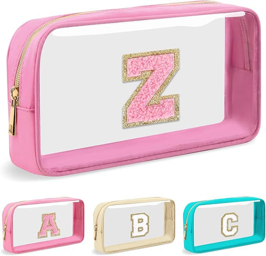 Personalized Initial Letter Clear Makeup Bag, Preppy Small Nylon & PVC Cosmetic Zipper Bag with Chenille Letter, Portable Beach Travel Skincare Toiletry Bag, Trendy Monogram Gift for Teen Girls Women, Z