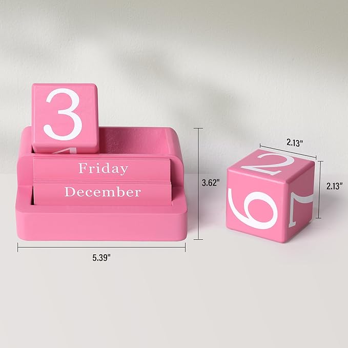 Wooden Block Calendar for Desk, Daily Desktop Perpetual Desk Calendar, Modern Farmhouse Aesthetic Desk Accessories for Home Office Decor, Teacher, Classroom, Reusable Yearly, Pink