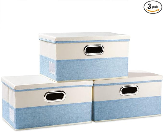 PRANDOM Collapsible Storage Bin with Lid [3-Pack] Fabric Foldable Storage Box Organizer Container Basket Cube with Cover for Home Bedroom Closet Office Nursery Blue&Cream (14.9x9.8x9.8)