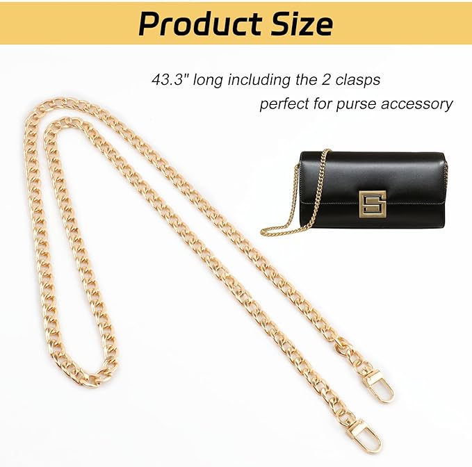Gold Purse Chain Strap, 43.3 Inch Replacement Bag Strap, Metal Braided Chain for DIY Handbag Shoulder Crossbody Bag