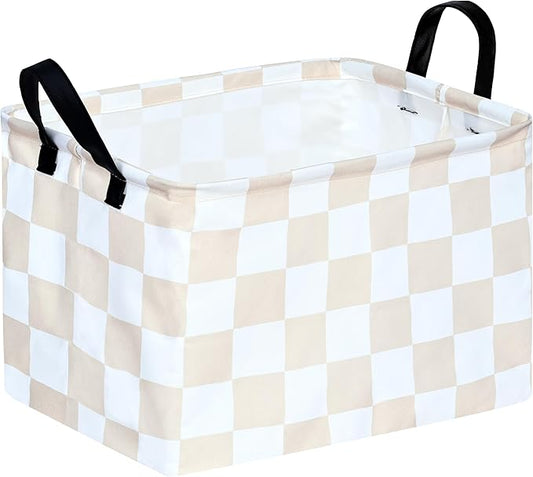 Beige Check Storage Basket Baby Toys Organizer Bins Decorative Gifts Bakset Waterproof Nursery Hamper Women Storage Cube Kids Laundry Basket for Home/Dorm/Kitchen/Pet/Office/Closet/Shelf/
