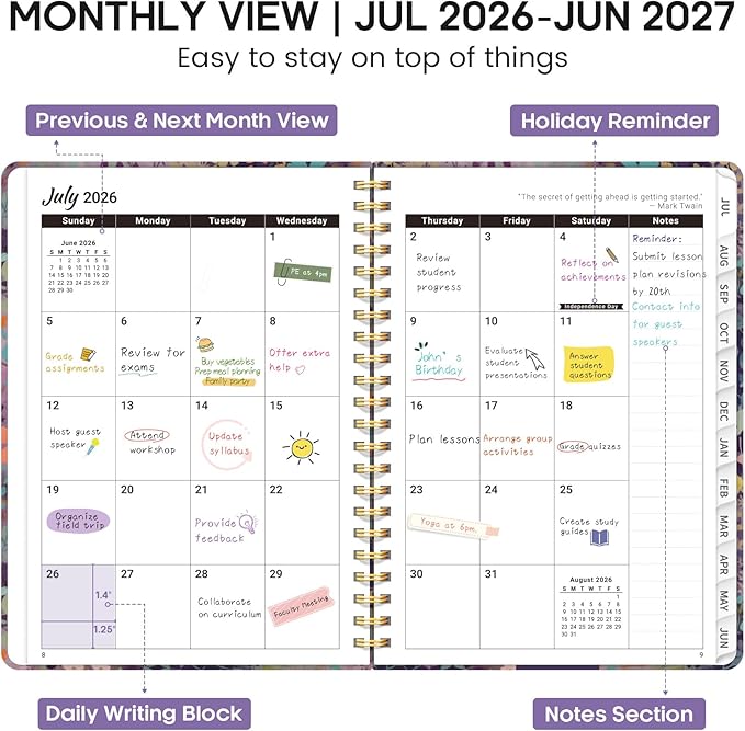 Academic Planner 2026-2027, Weekly and Monthly Calendar Book, July 2026 – June 2027, Hardcover Planner with Tabs, Perfect for Teachers, Students, Women & Men, A5 (6.4" x 8.5") - Lavendar Floral