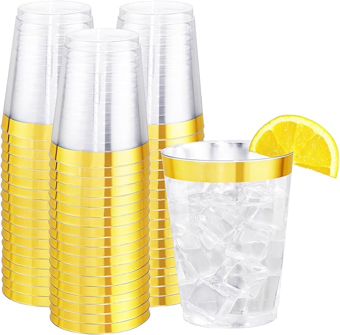 I00000 60PCS Gold Plastic Cups, 10 oz Clear Disposable Cups with Golden Trim, Heavy-Duty Disposable Hard Plastic Wine Glasses Cocktail Glasses Perfect for Wedding & Party