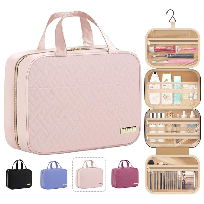 HOTOR Travel Toiletry Bag - Hanging Toiletry Bag for Women & Men, Makeup Bag/Large Compartment, Waterproof for Travel Accessories, Travel Essentials, Medium, Pale Pink