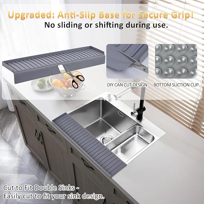 AyNirser Sink Edge Protector with Suction Cup 14" 20" 24" 30", Silicone Sink Splash Guard for Kitchen & Bathroom, Protect Countertop from Scratches, Stains, for Stainless Steel Granite Quartz-Grey