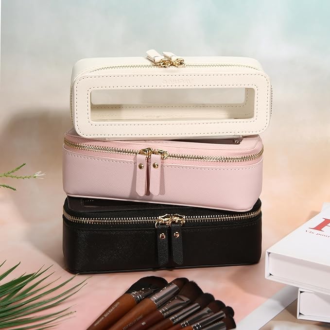 Aveniee Clear Makeup Brush Bag, Slim Cosmetic Brush Holder, Small Toiletry Bag Mini Travel Case for Women, Thin Makeup Bags with Dual Zipper, Cute Travel Essentials Organizer, Black