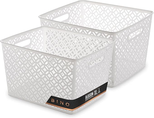 BINO l Plastic Storage Baskets, XLarge - White l THE BLOSSOM COLLECTION l Multi-Use Organizer Bin l Built-in Handles l Plastic Woven Basket for Organizing l Pantry & Home Organizing Basket