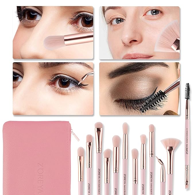 Z'OREYA Eye Makeup Brushes, 12 Pcs Professional Eye Brush Set Eyeshadow, Eyebrow, Blending, Fan, Eyelash Brushes Set With Carrying Bag (Pink)