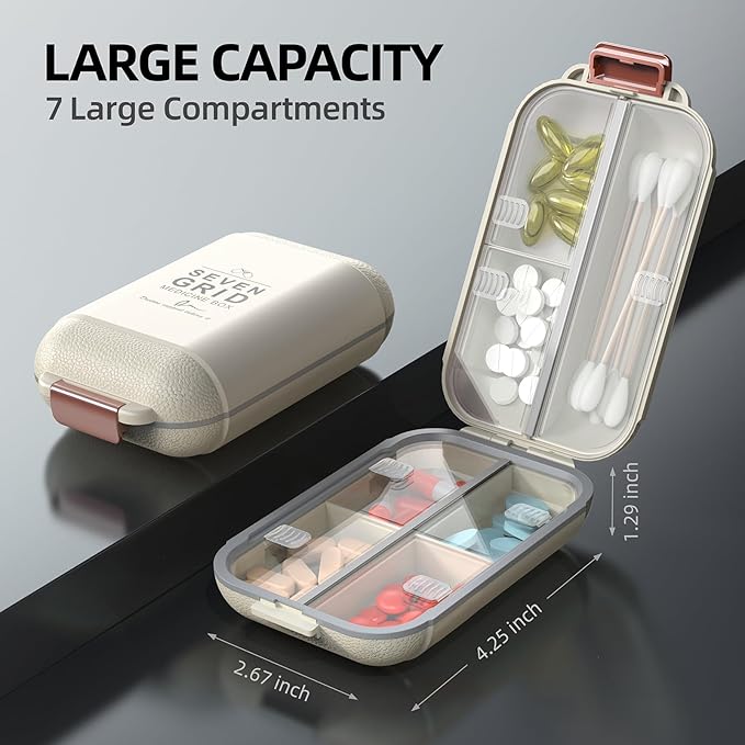 Portable Pill Organizer, Pill Box with 7 Compartments, Small Pill Case for Travel, Daily Medicine Pill Organizer with Air-Tight Lid, BPA-Free Material Pill Container (White)