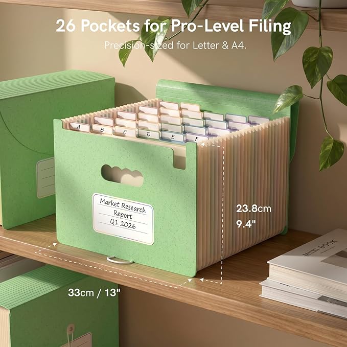 ABC life 26 Pockets Accordion File Organizer, High Capacity Expanding File Folder for Letter A4 Size, Portable Document Holder with A-Z Tabs for Tax Receipt, Teacher & Home Office - Meadow Green