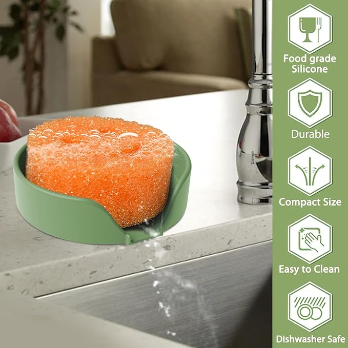 Sponge Holder for Scrub Daddy with Suction Cups and Drain Spout Kitchen Sink Caddy Organizer, Soap Dishes Holder Accessories Rack, Dishwasher Safe - 4.7"x4.7", Green
