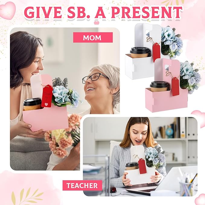 MotiMind 8 Pack Mother's Day 2 Cup Drink Carrier with Handle, Kraft Paperboard Teacher Cup Holder Portable for Hot Cold Drinks, Coffee Carrier Gift with Heart Card Rope (White,Pink)
