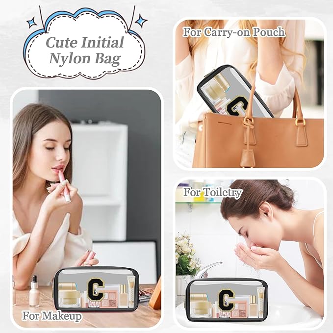 Small Clear Personalized Initial Makeup Bag,Nylon Preppy A-Z Chenille Letter Patch Cosmetic Pouch Beach Toiletry Bag,Waterproof Zipper Travel Purse Storage Bag Organizer for Women Girls(Black-Black C)