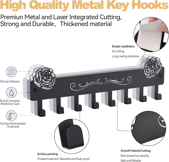 Key Holder Wall Mount with 8 Key Hooks for Wall, Adhesive or Drill Wall Key Holder, Modern Key Organizer Wall Mount Key Rack for Entryway, Kitchen, Hallway, RV Decor（Large）