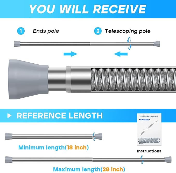 Tension Rod 16 to 26 Inch Sliver Tension Curtain Rod for Window Cupboard Closet Bookshelf Diy Projects Wardrobe，Tension Rod 1pack Extendable Curtain Rods No Drill Spring Tension Curtain Rod
