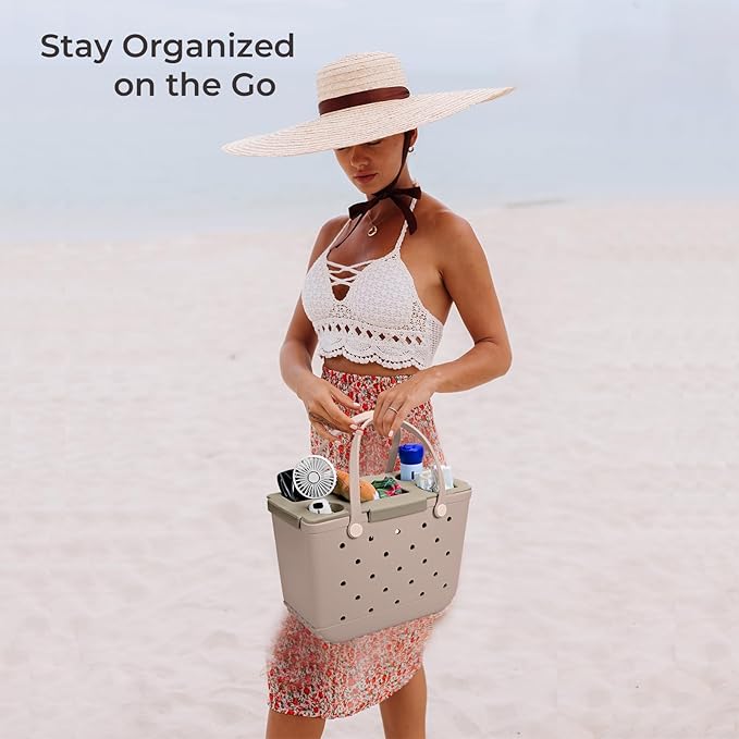 Tote Topper Tray Accessories for Bogg Bag Large Only – Waterproof EVA Table Top Organizer Lid with Cup Holder, Snack, Phone & Drink Holders for Beach, Pool, Picnic, Travel (Khaki)