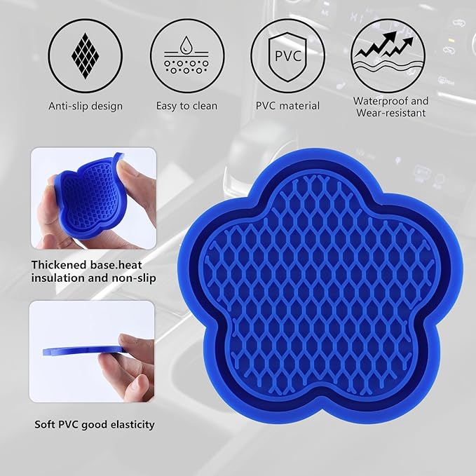 GaRhomxy Car Cup Holder Coaster, Universal Non-Slip Recessed Flower Shaped Cup Holders, Cute Car Accessories Interior for Women and Man Interior Sets 4 Pack (Blue)