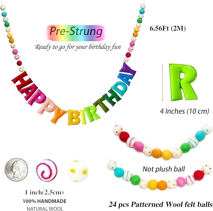 Pre-Strung Happy Birthday Banner - Handmade Felt Letters & Balls, Reusable Colorful Felt Ball Garland, Personalized Birthday Sign for Home Wall Mantles Decor Kids Rainbow Party Decorations