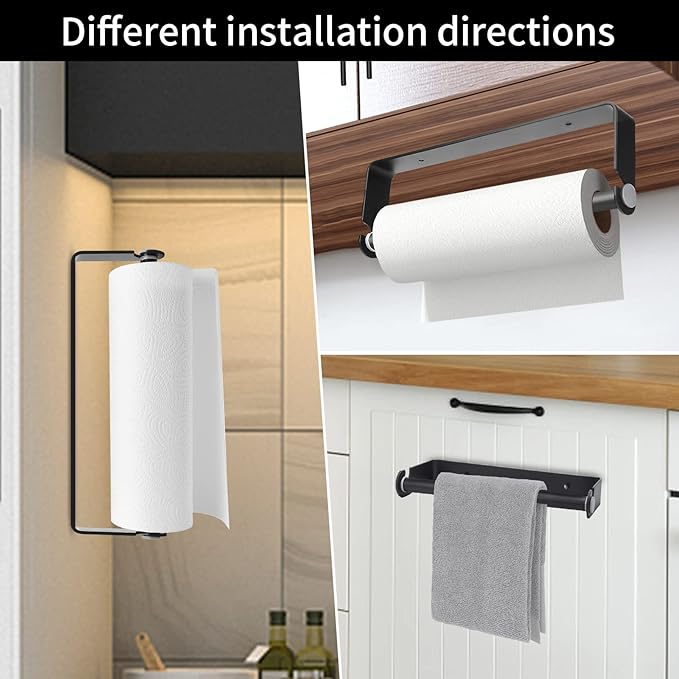 Under Cabinet Paper Towel Holder, Adhesive or Drill Mount Paper Towel Holder, Wall Mount Paper Towel Holders for Kitchen or Bathroom (Black) 2 Pack