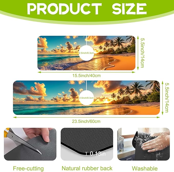 Kitchen Sink Splash Guard Faucet Mat Super Absorbent Fast Drying Mat Guard Behind Faucet Drip Catcher for Kitchen Bathroom (Sunset Beach Waves Palm Trees, 23.5"X5.5")