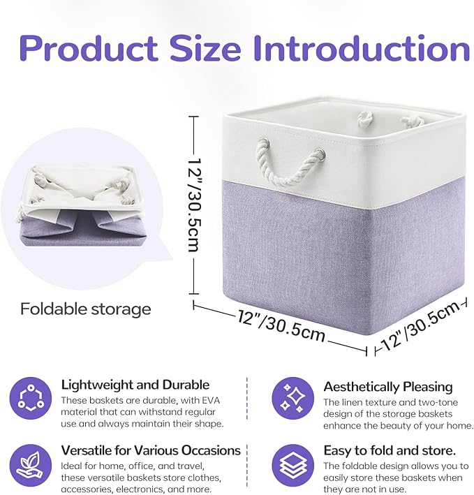 VQRTEXA 12 x 12 Inch Cube Storage Bins, 4 Pack Fabric Storage Basket with Handles, Foldable Boxes Organizer for Shelf Baskets for Home, Clothes (White/Purple)