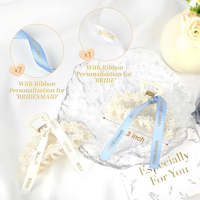DEEKA Bridesmaid Proposal Gifts 8 Pack Pearl Bridesmaid Hair Claw Clips with Ribbon 3 Inch Hair Clips Bachelorette Party Favors Bridal Party Present Hair Accessories (Half Circle White&Blue)